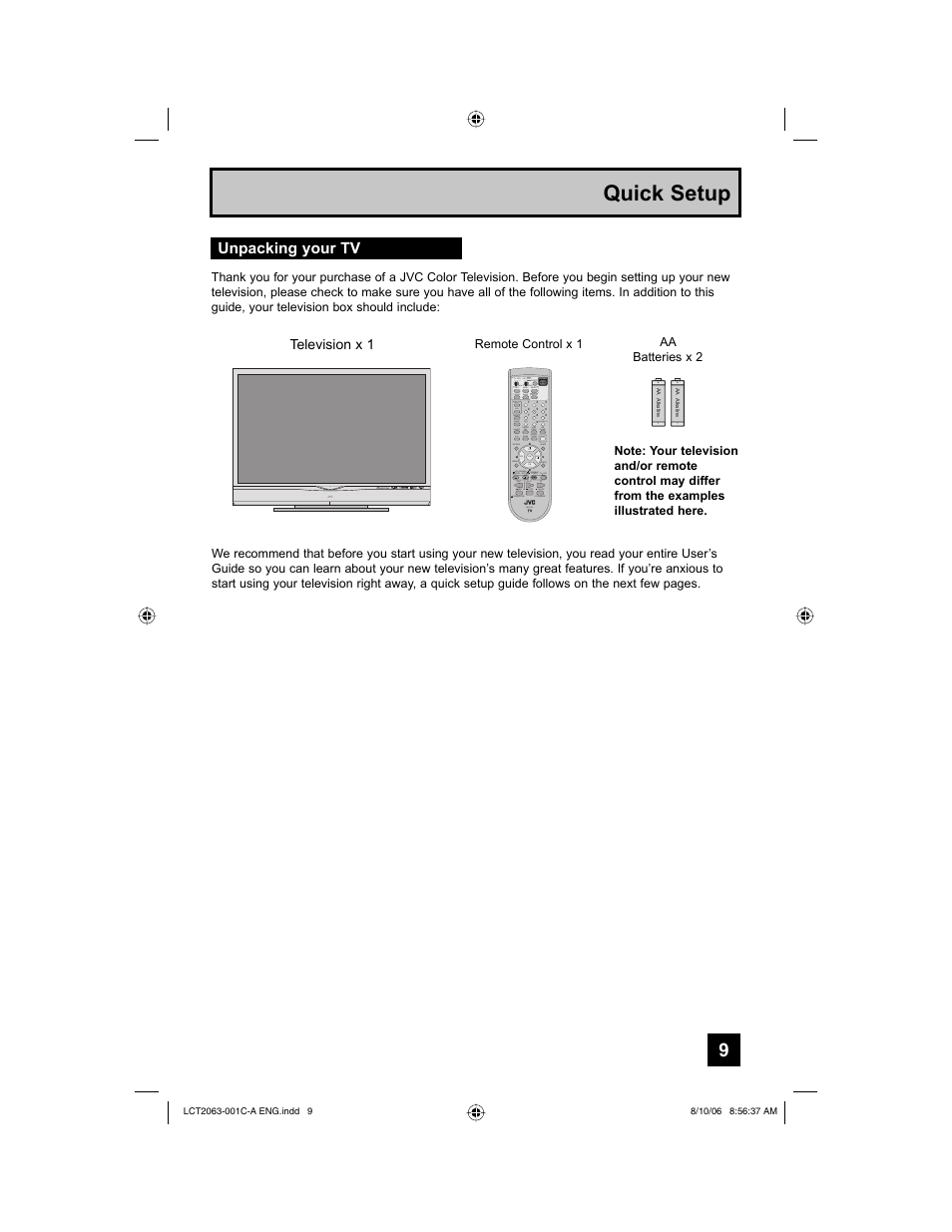 Quick setup, Unpacking your tv | JVC HD-70G887 User Manual | Page 9 / 88