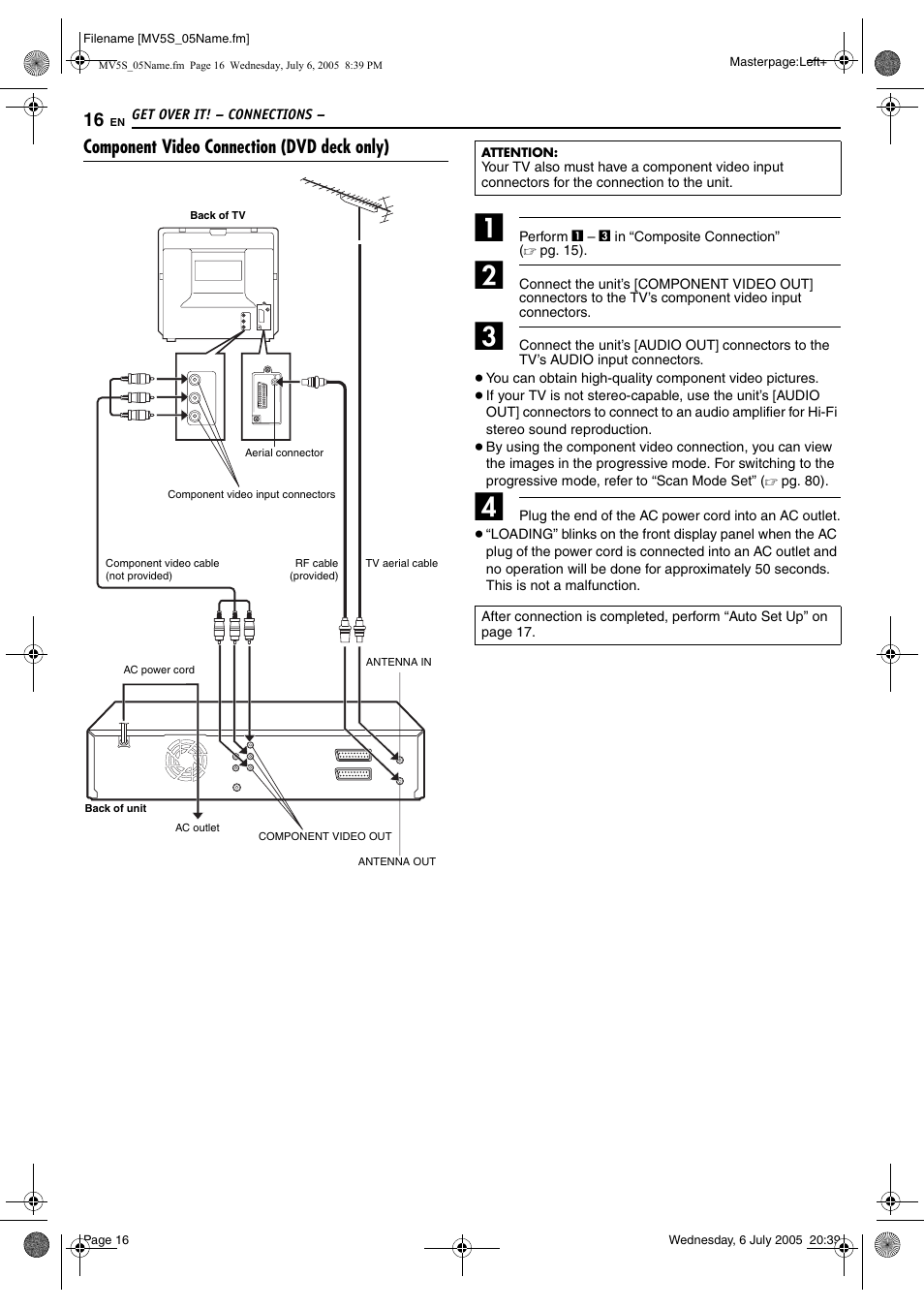 Component video connection (dvd deck only) | JVC LPT1092-001A User Manual | Page 16 / 100