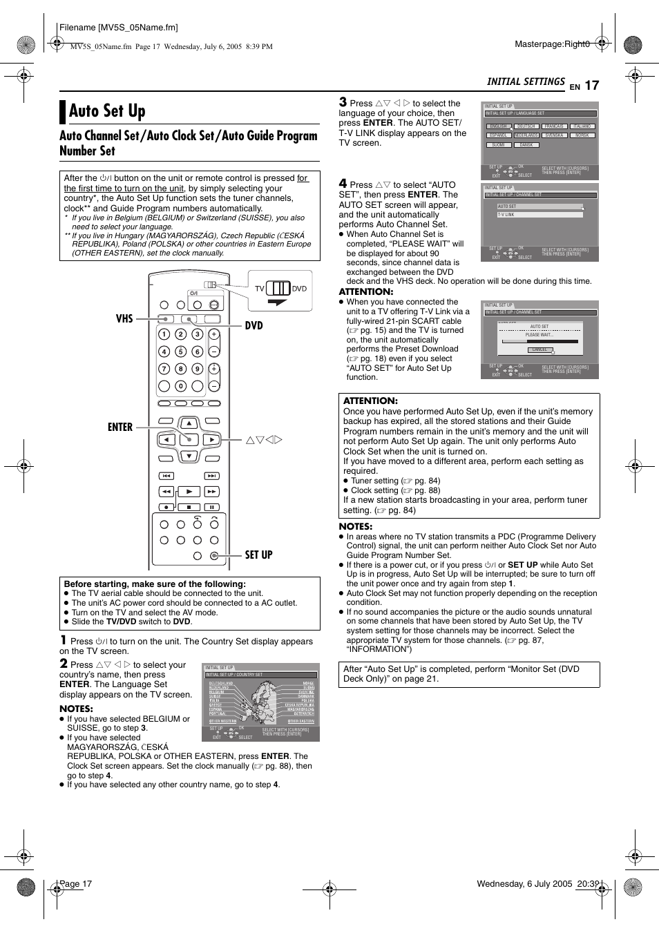 Initial settings, Auto set up, Enter dvd vhs set up | JVC LPT1092-001A User Manual | Page 17 / 100