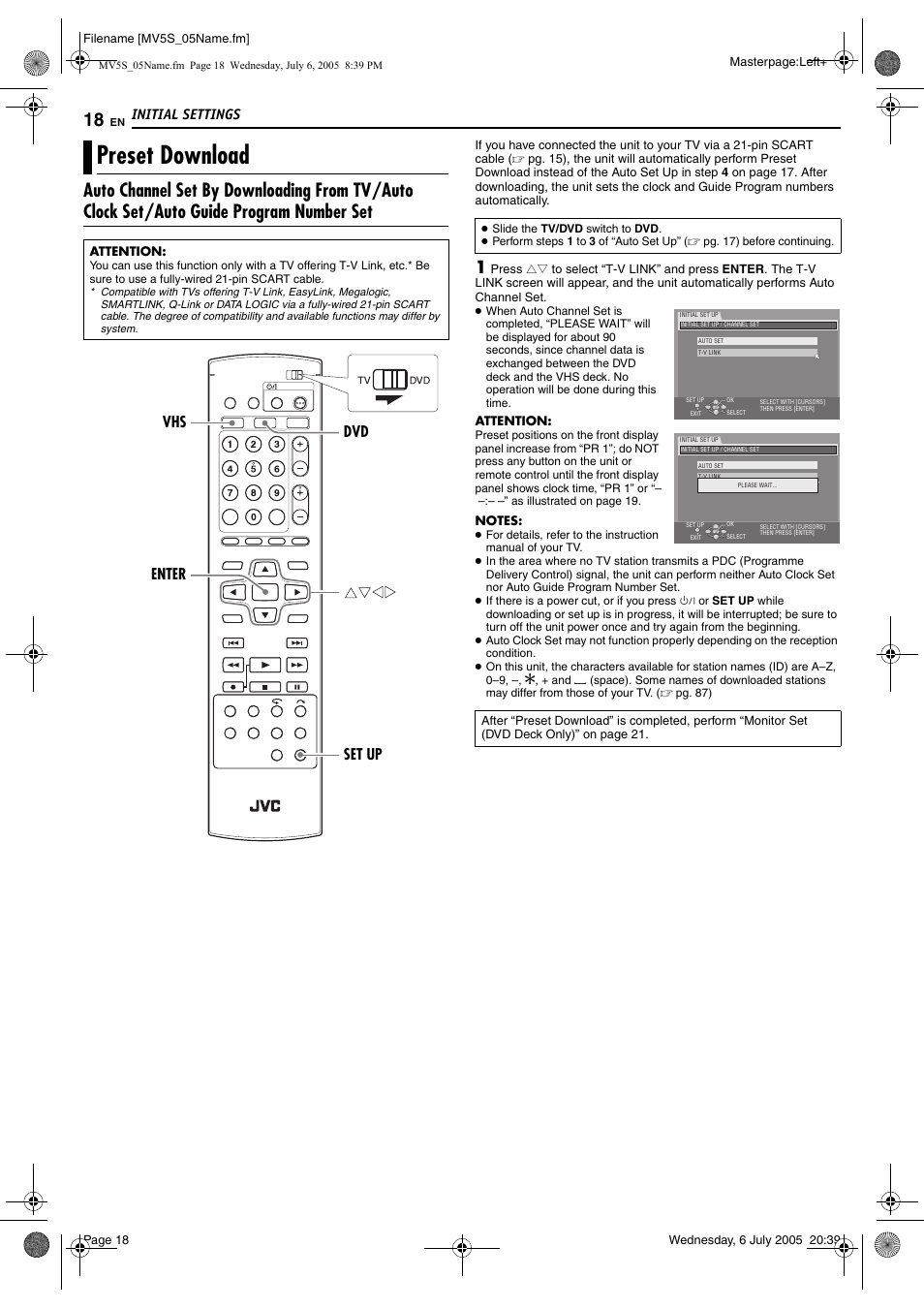 Preset download, Initial settings, Enter dvd vhs set up | JVC LPT1092-001A User Manual | Page 18 / 100