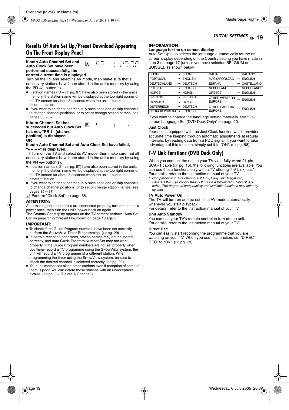 T-v link functions (dvd deck only), Initial settings | JVC LPT1092-001A User Manual | Page 19 / 100
