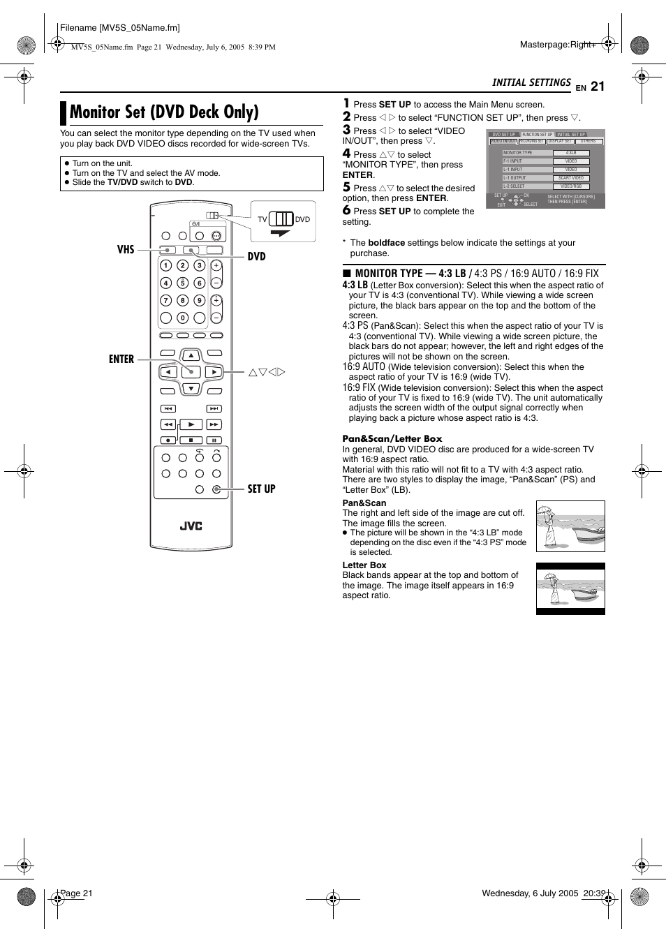 Monitor set (dvd deck only), Initial settings, Enter dvd vhs set up | JVC LPT1092-001A User Manual | Page 21 / 100