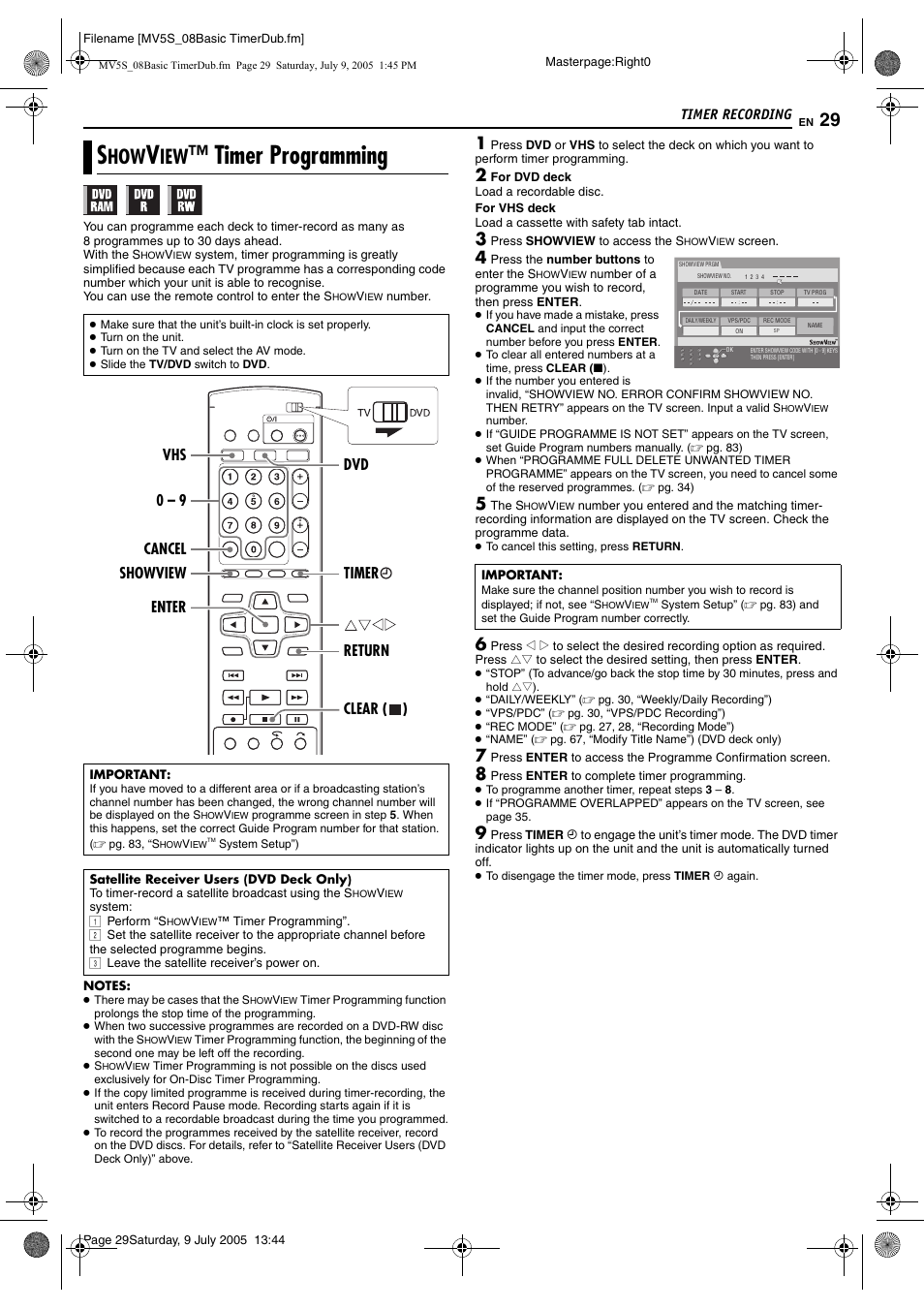 Timer recording, Showview timer programming, Timer programming | JVC LPT1092-001A User Manual | Page 29 / 100