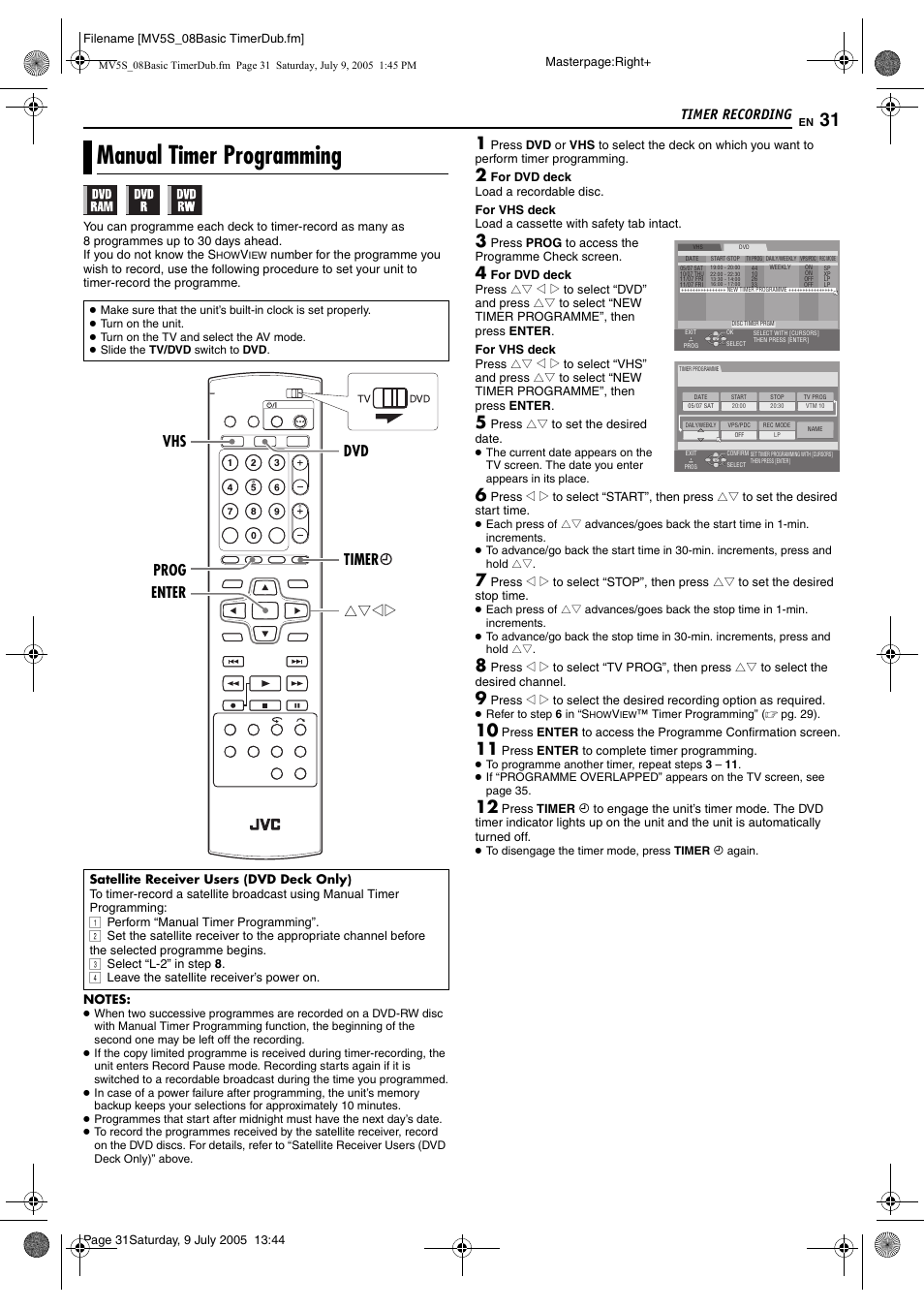 Manual timer programming, Timer recording, Rtwe enter dvd vhs timer prog | JVC LPT1092-001A User Manual | Page 31 / 100
