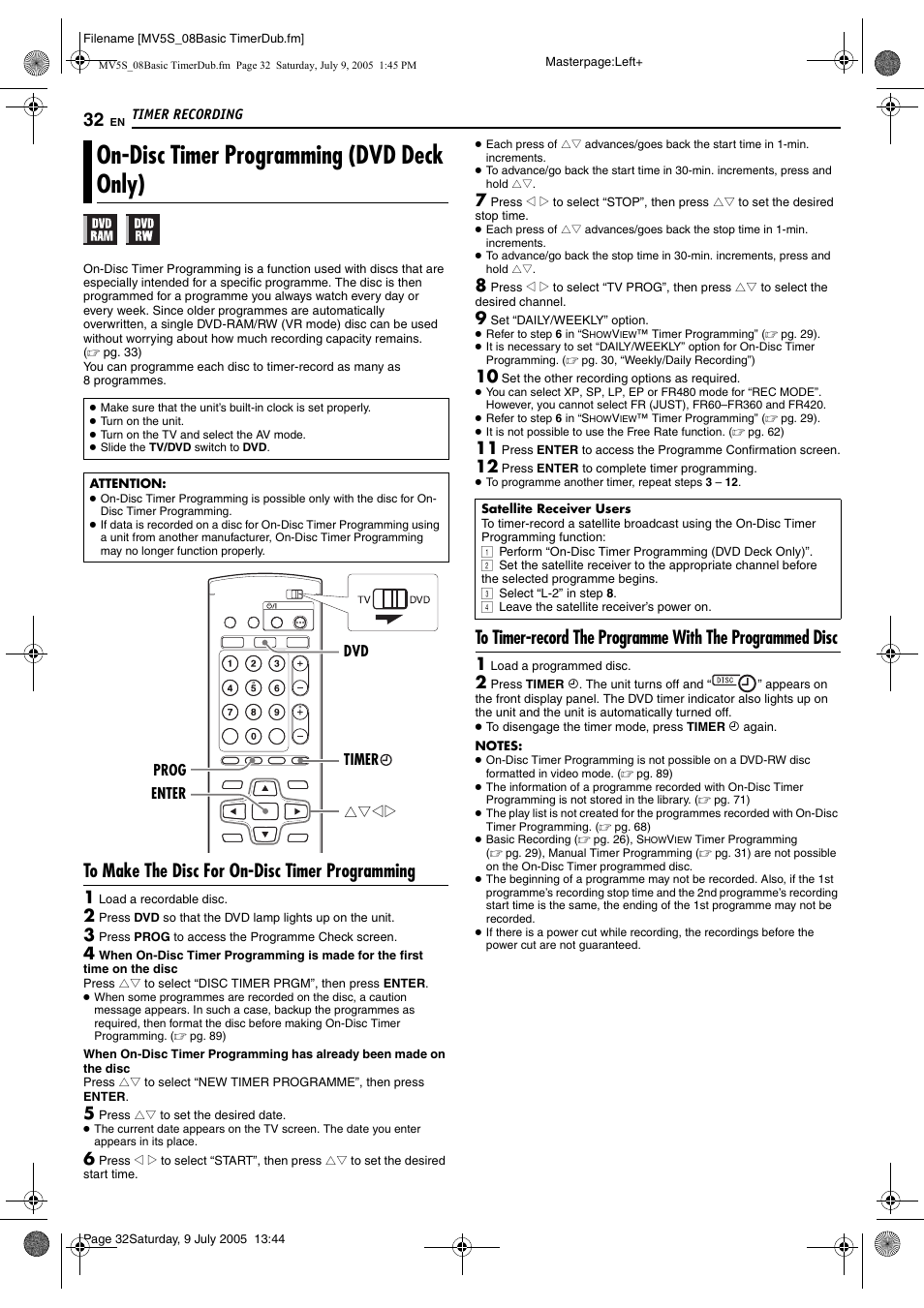 On-disc timer programming (dvd deck only) | JVC LPT1092-001A User Manual | Page 32 / 100