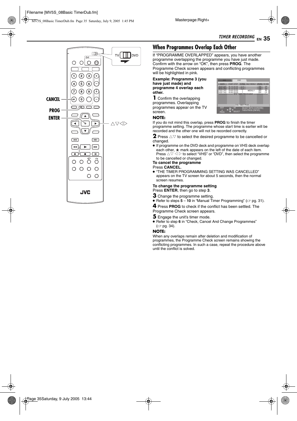 When programmes overlap each other, Timer recording, Enter prog cancel | JVC LPT1092-001A User Manual | Page 35 / 100