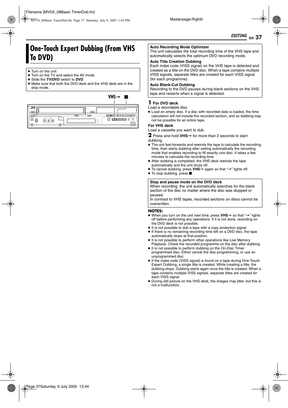 Editing, One-touch expert dubbing (from vhs to dvd) | JVC LPT1092-001A User Manual | Page 37 / 100