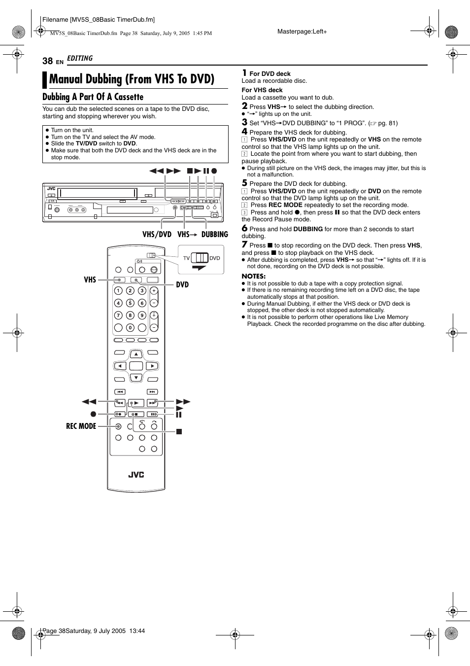 Manual dubbing (from vhs to dvd), Dubbing a part of a cassette | JVC LPT1092-001A User Manual | Page 38 / 100
