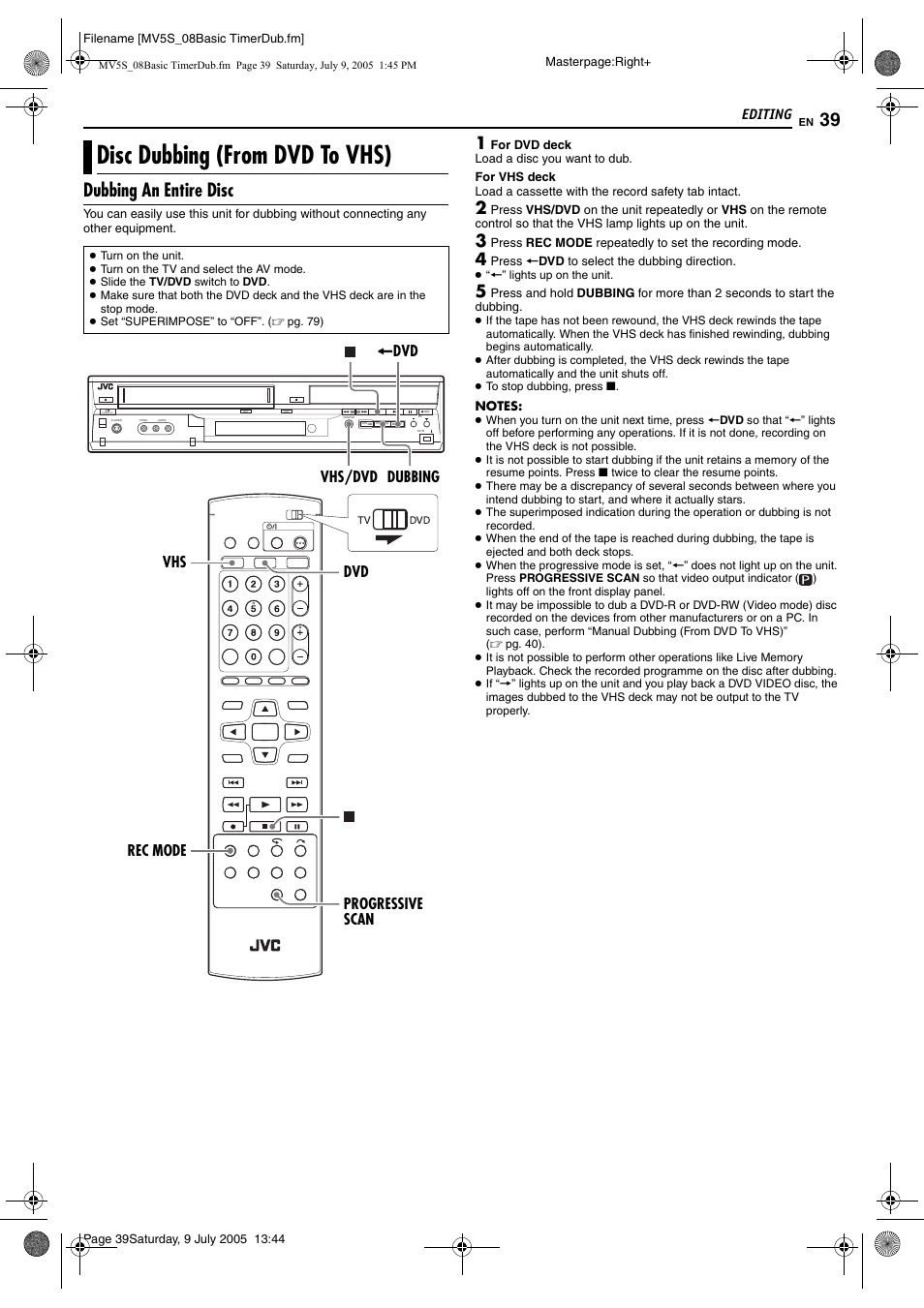 Disc dubbing (from dvd to vhs), Dubbing an entire disc | JVC LPT1092-001A User Manual | Page 39 / 100