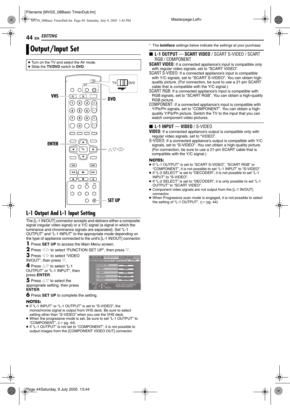 Output/input set, L-1 output and l-1 input setting | JVC LPT1092-001A User Manual | Page 44 / 100