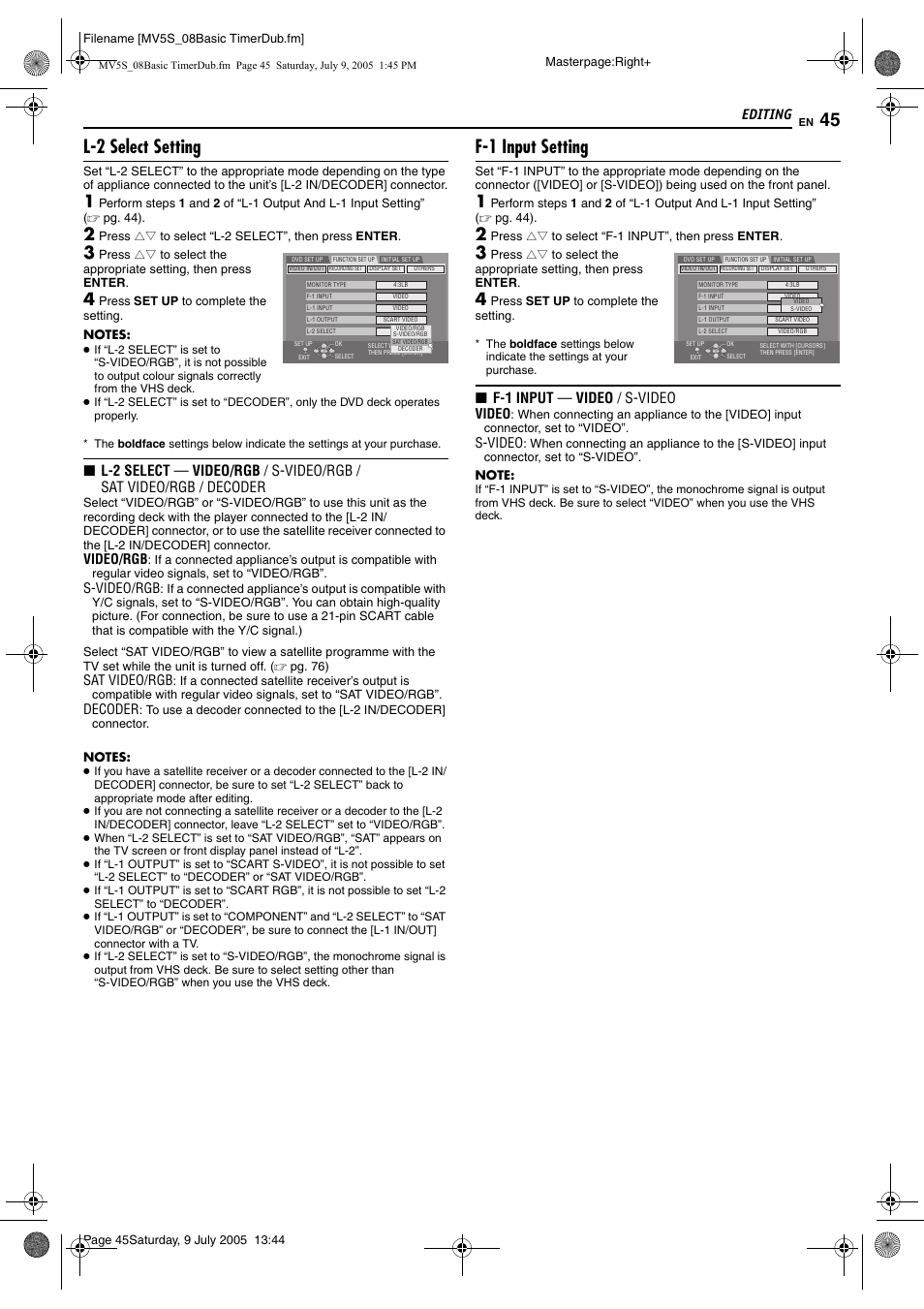 L-2 select setting, F-1 input setting, Editing | 8 f-1 input — video / s-video, Video/rgb, S-video/rgb, Sat video/rgb, Decoder, Video, S-video | JVC LPT1092-001A User Manual | Page 45 / 100