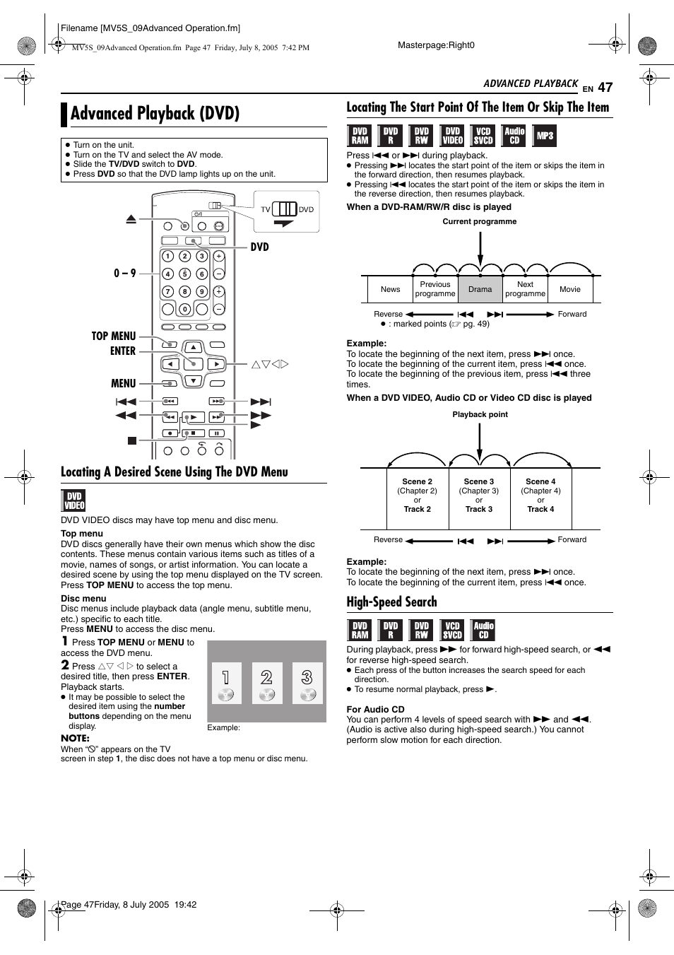 Advanced playback, Advanced playback (dvd), Locating a desired scene using the dvd menu | High-speed search | JVC LPT1092-001A User Manual | Page 47 / 100