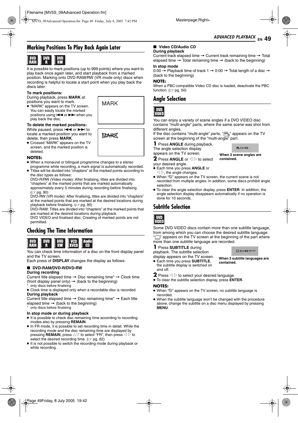 Marking positions to play back again later, Checking the time information, Angle selection | Subtitle selection | JVC LPT1092-001A User Manual | Page 49 / 100
