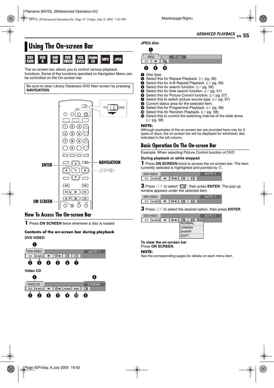 Using the on-screen bar, How to access the on-screen bar, Basic operation on the on-screen bar | JVC LPT1092-001A User Manual | Page 55 / 100