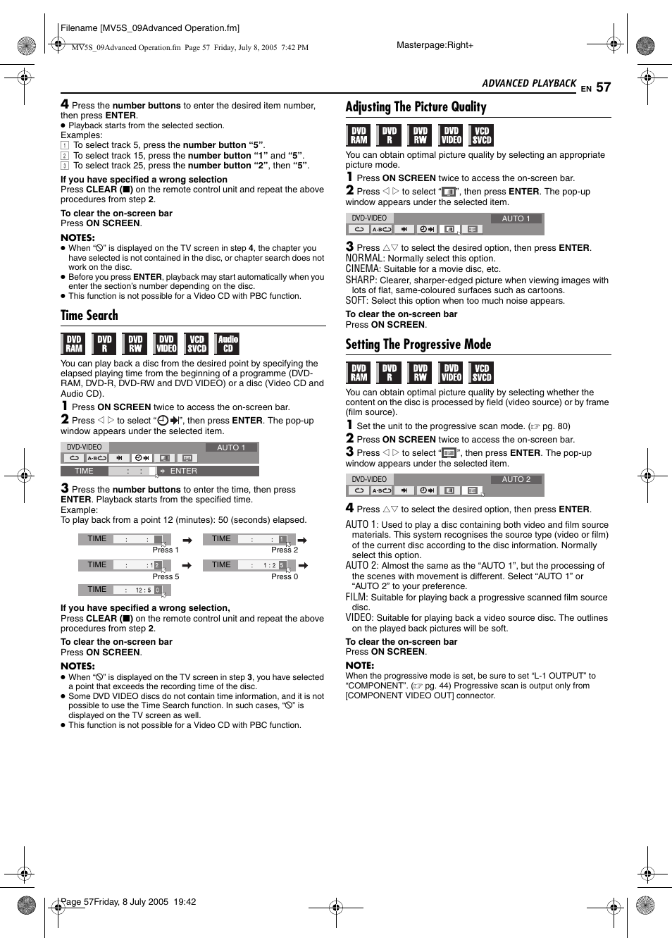 Time search, Adjusting the picture quality, Setting the progressive mode | JVC LPT1092-001A User Manual | Page 57 / 100