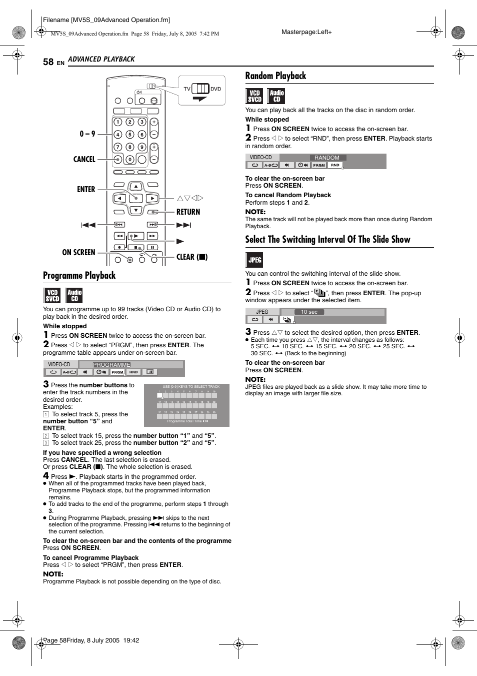 Programme playback, Random playback, Select the switching interval of the slide show | JVC LPT1092-001A User Manual | Page 58 / 100