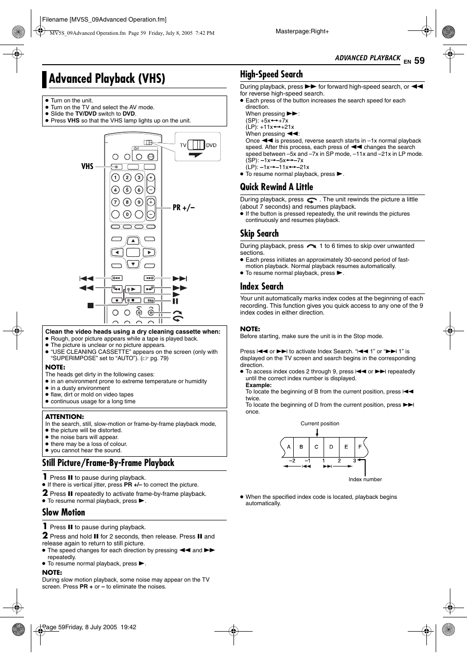 Advanced playback (vhs), Still picture/frame-by-frame playback, Slow motion | High-speed search, Quick rewind a little, Skip search, Index search | JVC LPT1092-001A User Manual | Page 59 / 100