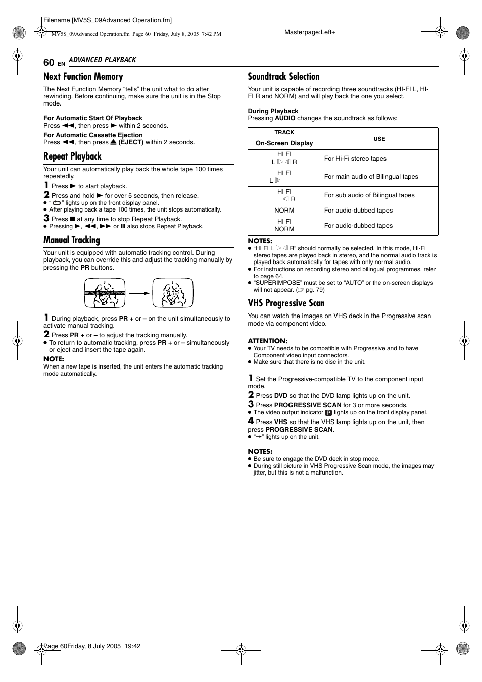Repeat playback, Manual tracking, Soundtrack selection | Vhs progressive scan | JVC LPT1092-001A User Manual | Page 60 / 100