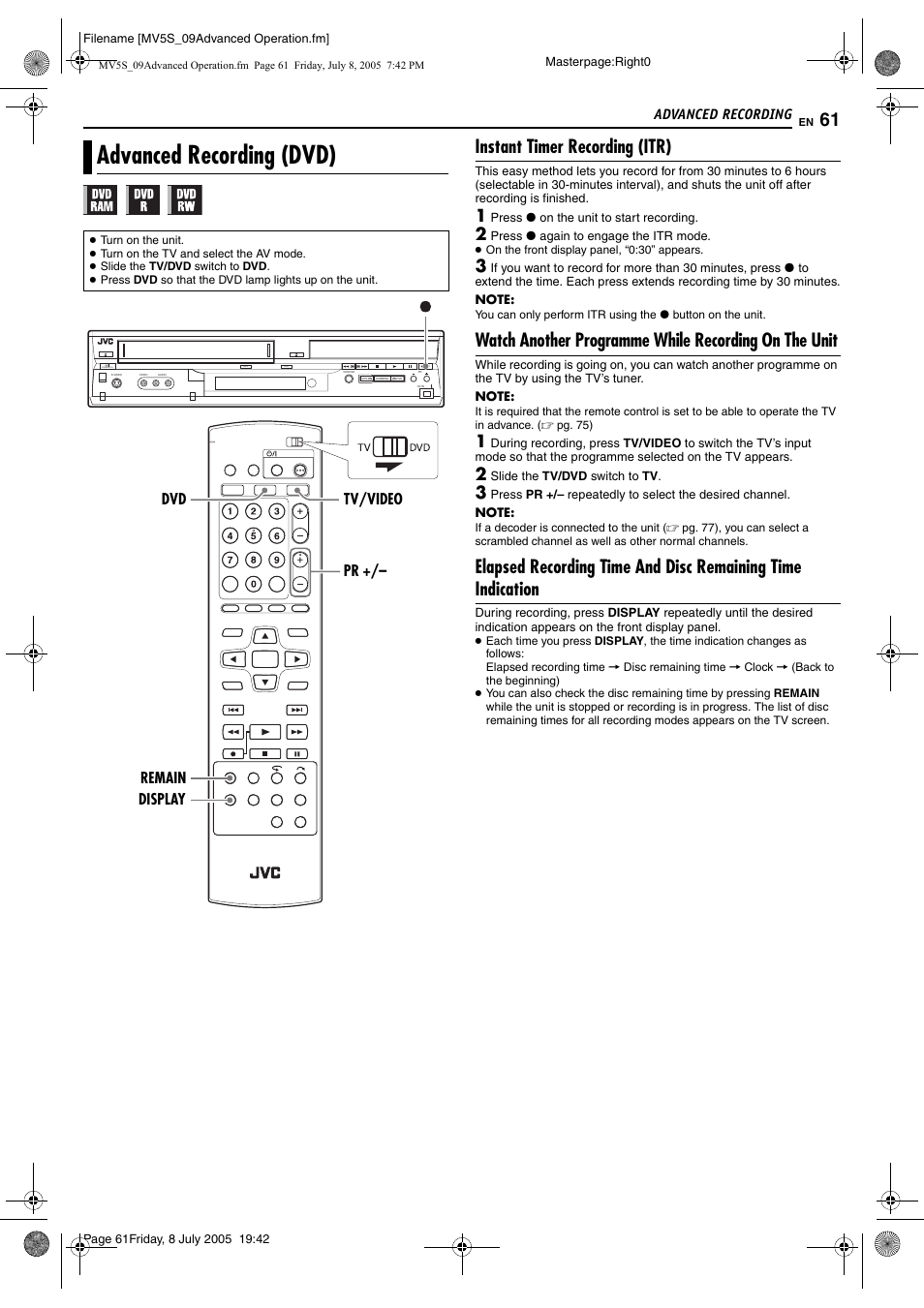 Advanced recording, Advanced recording (dvd), Instant timer recording (itr) | JVC LPT1092-001A User Manual | Page 61 / 100