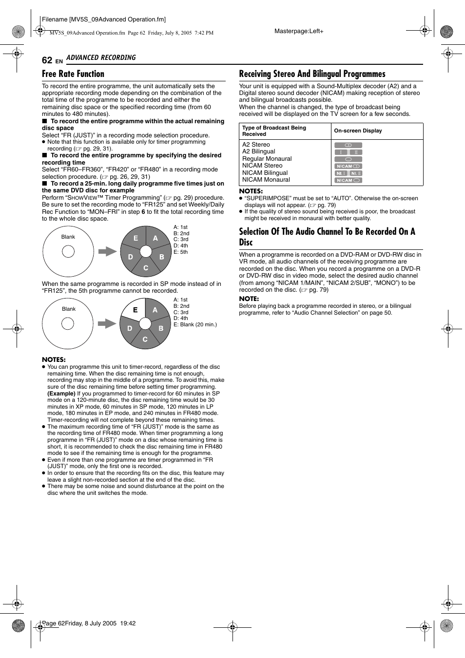 Free rate function, Receiving stereo and bilingual programmes | JVC LPT1092-001A User Manual | Page 62 / 100
