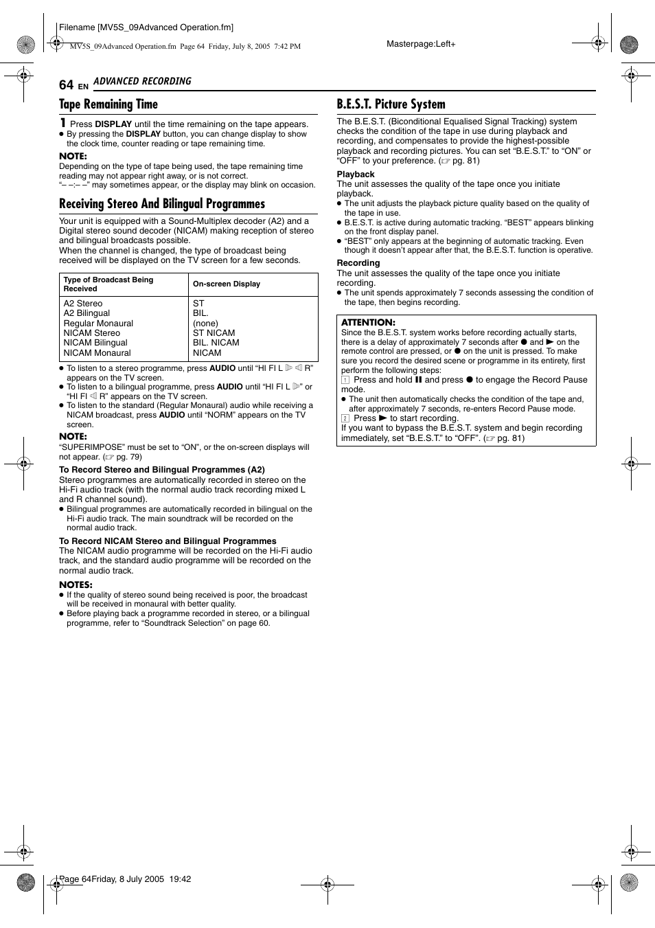 Tape remaining time, Receiving stereo and bilingual programmes, B.e.s.t. picture system | JVC LPT1092-001A User Manual | Page 64 / 100