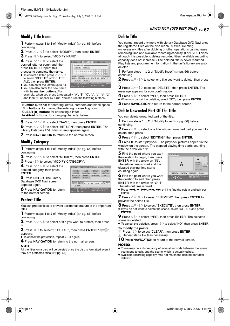 Modify title name, Modify category, Protect title | Delete title, Delete unwanted part of the title, Navigation (dvd deck only) | JVC LPT1092-001A User Manual | Page 67 / 100