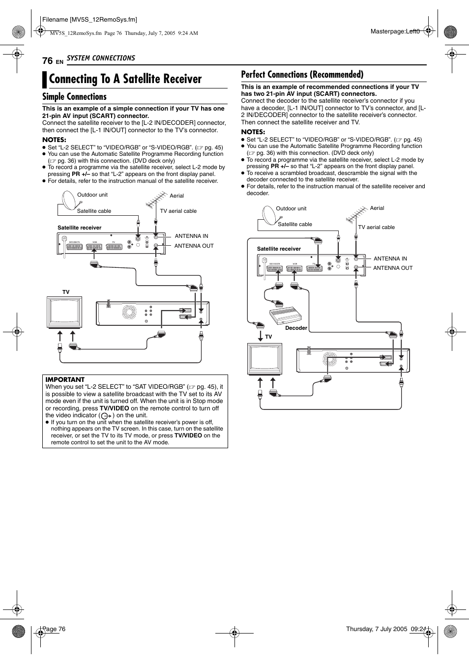 System connections, Connecting to a satellite receiver, Simple connections | Perfect connections (recommended) | JVC LPT1092-001A User Manual | Page 76 / 100