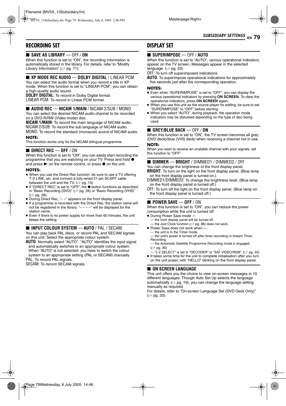 Recording set, Display set | JVC LPT1092-001A User Manual | Page 79 / 100