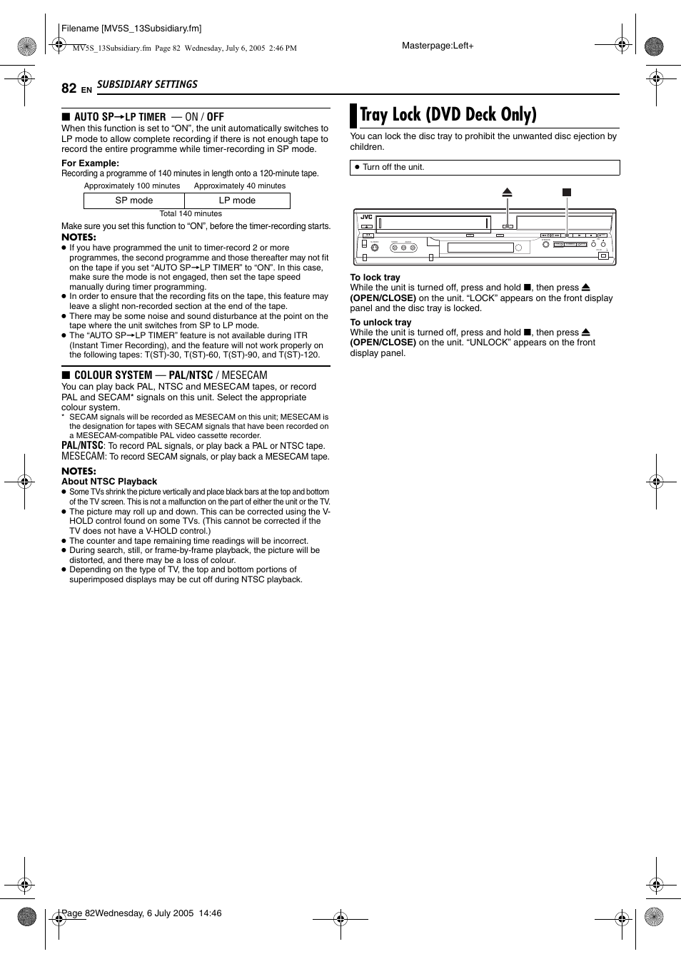 Tray lock (dvd deck only), Subsidiary settings, 8 auto sp | On / off, 8 colour system — pal/ntsc / mesecam | JVC LPT1092-001A User Manual | Page 82 / 100