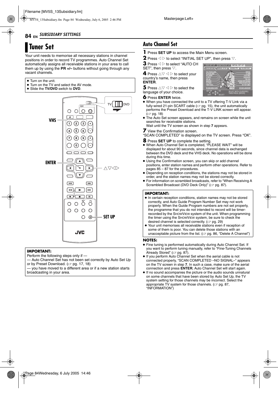 Tuner set, Auto channel set | JVC LPT1092-001A User Manual | Page 84 / 100