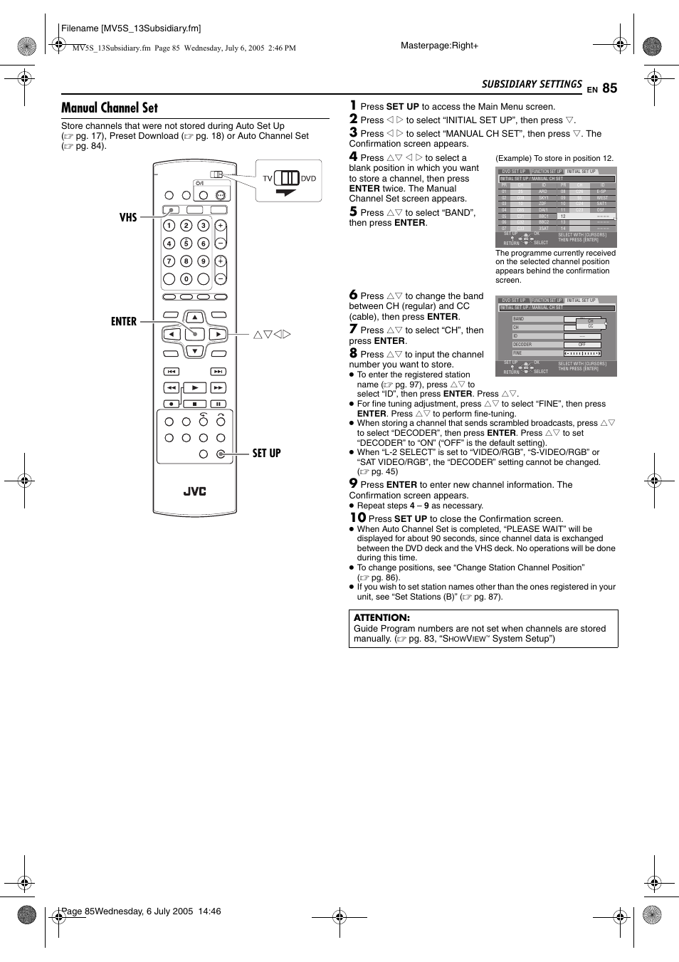 Manual channel set, Subsidiary settings, Enter vhs set up | JVC LPT1092-001A User Manual | Page 85 / 100