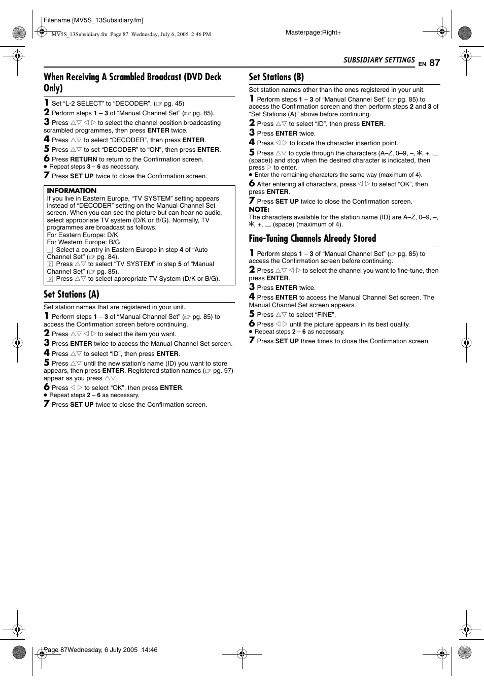 Set stations (a), Set stations (b), Fine-tuning channels already stored | JVC LPT1092-001A User Manual | Page 87 / 100