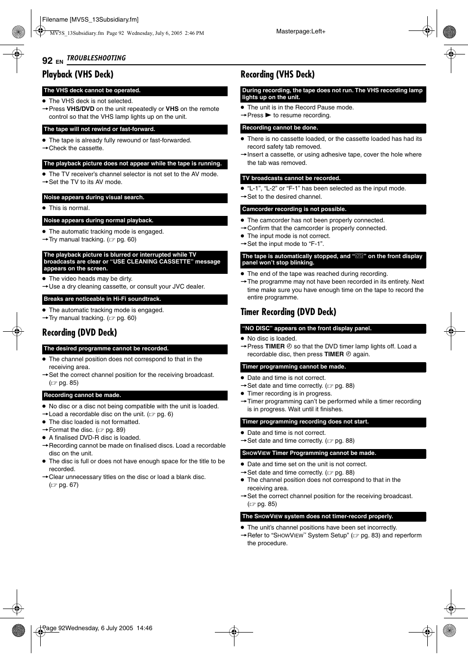 Playback (vhs deck), Recording (dvd deck), Recording (vhs deck) | Timer recording (dvd deck) | JVC LPT1092-001A User Manual | Page 92 / 100