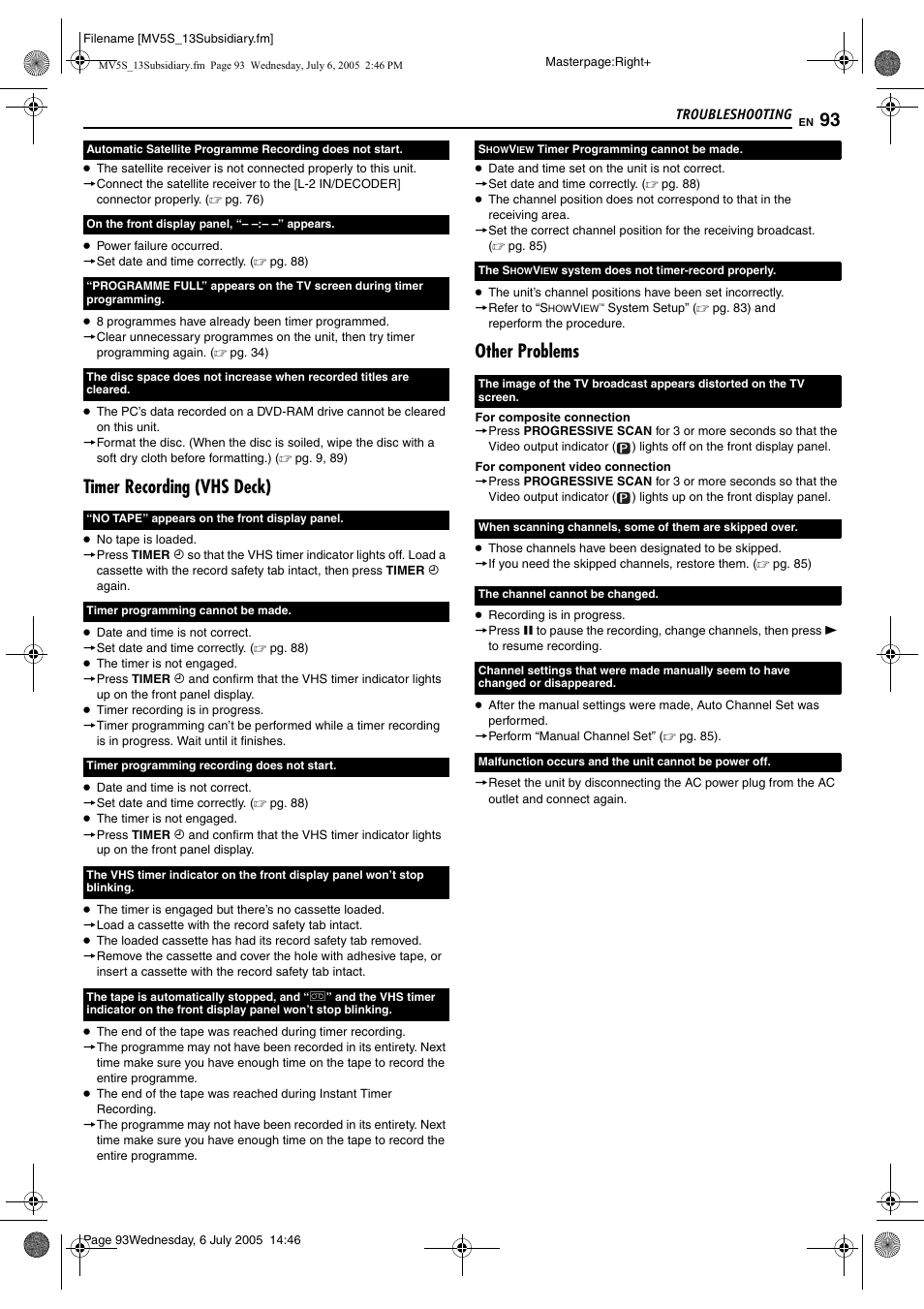 Timer recording (vhs deck), Other problems | JVC LPT1092-001A User Manual | Page 93 / 100