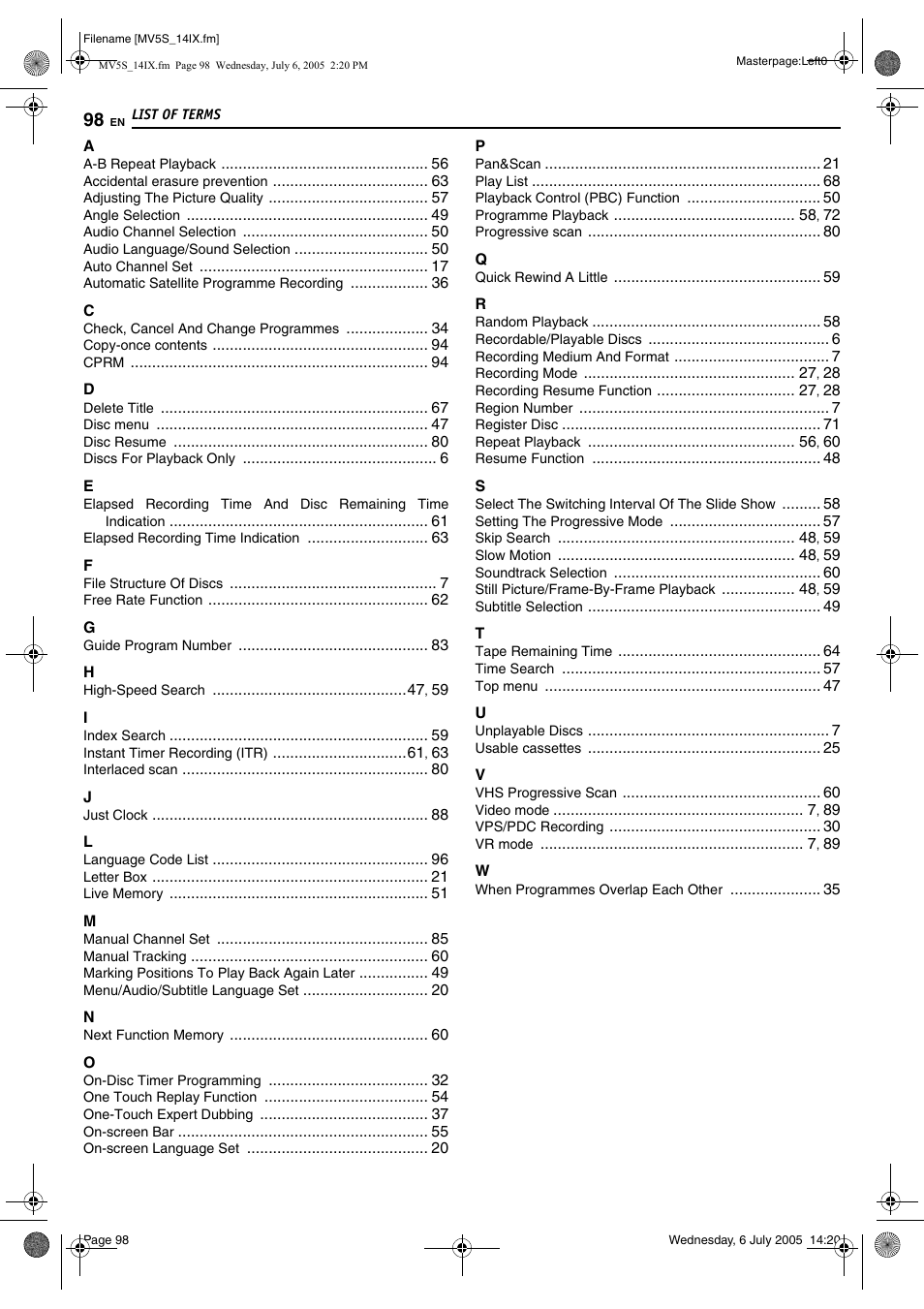 List of terms | JVC LPT1092-001A User Manual | Page 98 / 100