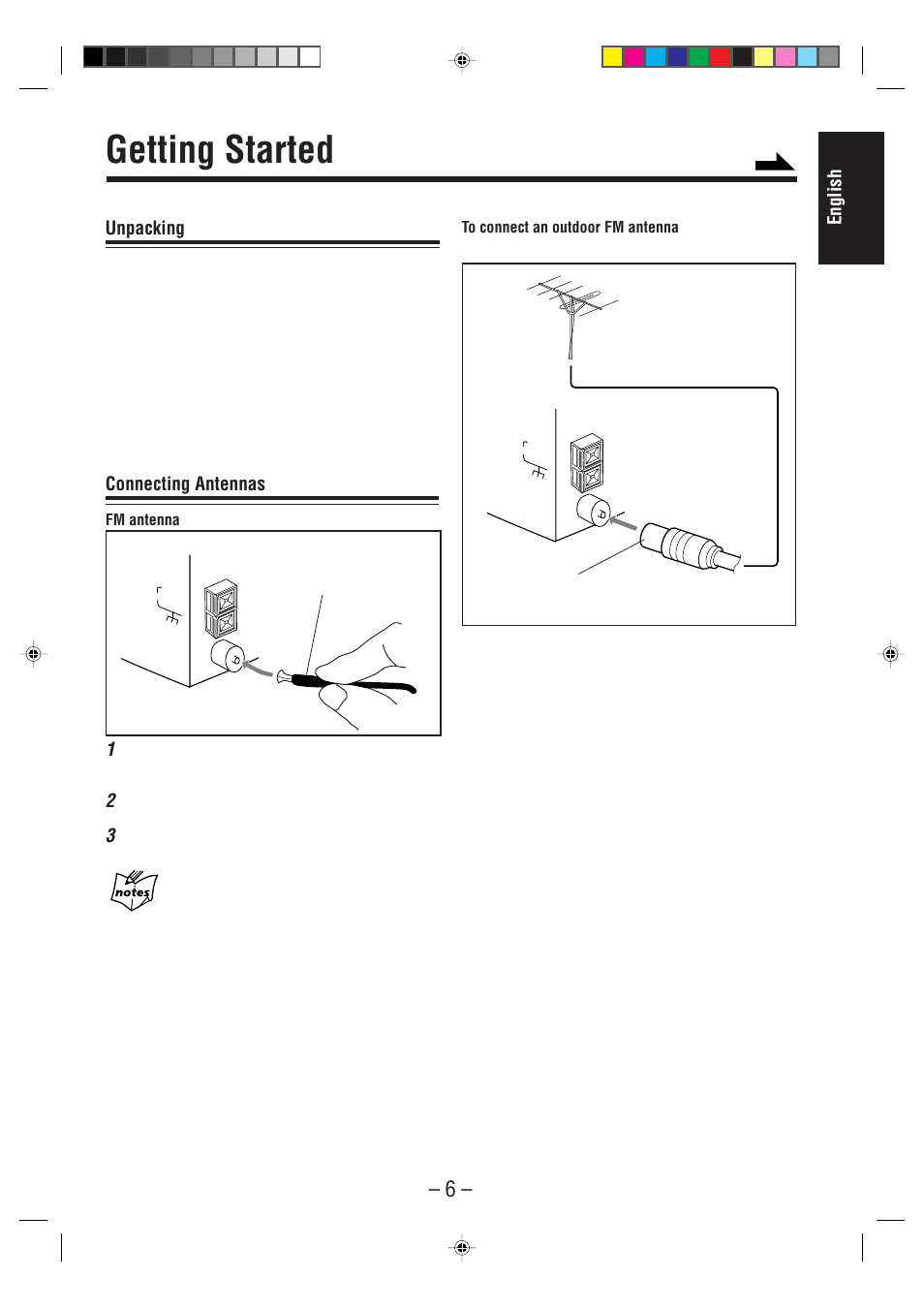 Getting started, English, Unpacking | Connecting antennas, Fm antenna | JVC UX-F70MD User Manual | Page 11 / 72