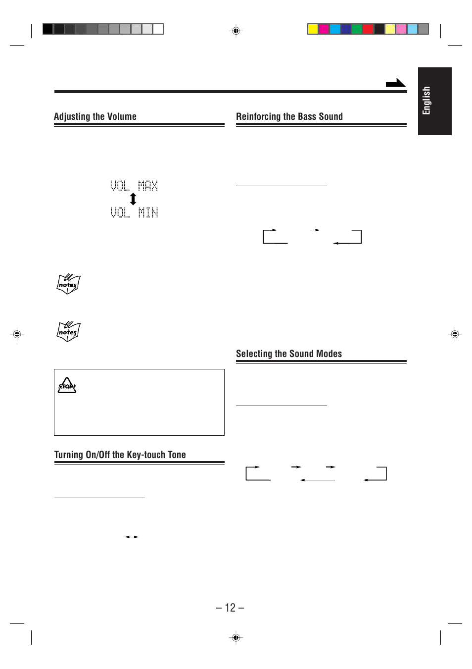 English adjusting the volume, Reinforcing the bass sound, Selecting the sound modes | Turning on/off the key-touch tone | JVC UX-F70MD User Manual | Page 17 / 72