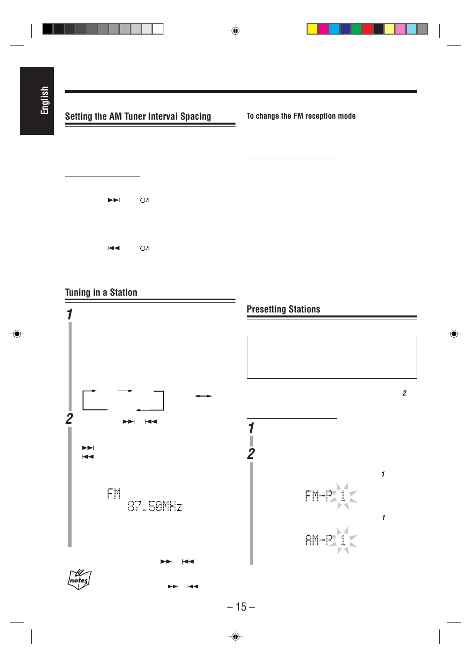 English setting the am tuner interval spacing, Tuning in a station, Presetting stations | JVC UX-F70MD User Manual | Page 20 / 72