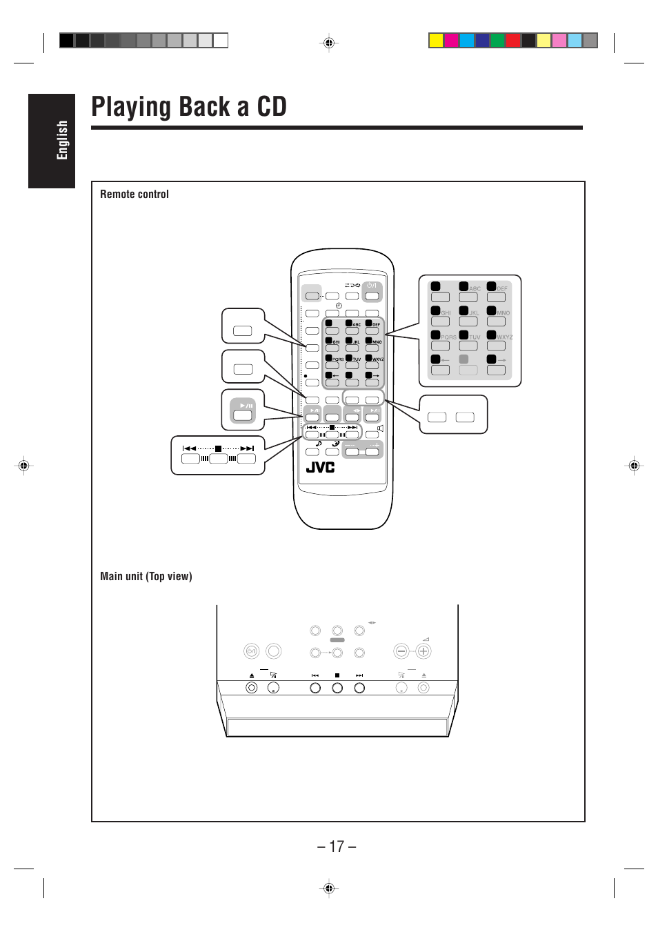 Playing back a cd, English, Main unit (top view) | Remote control | JVC UX-F70MD User Manual | Page 22 / 72