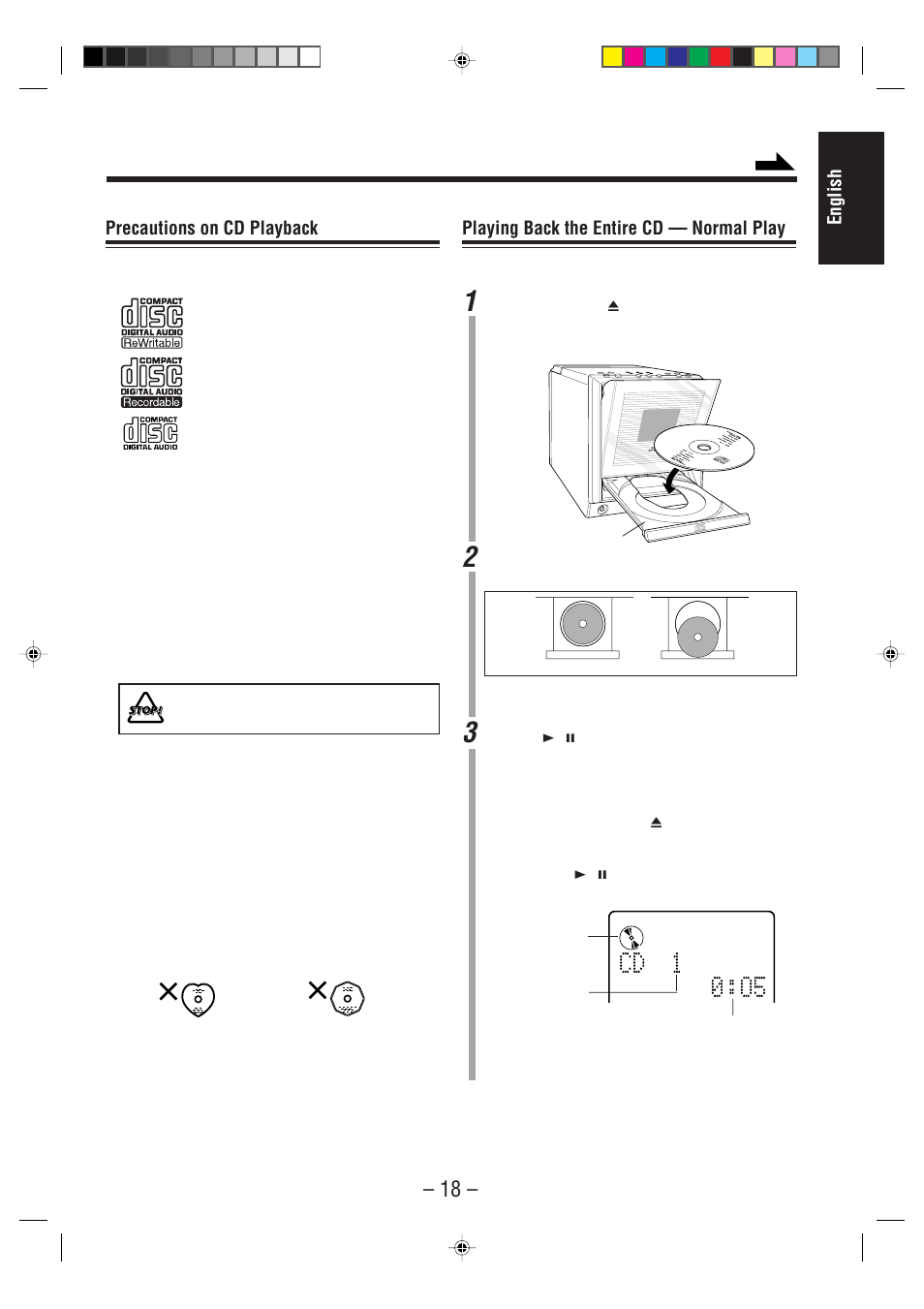 English playing back the entire cd — normal play, Precautions on cd playback | JVC UX-F70MD User Manual | Page 23 / 72