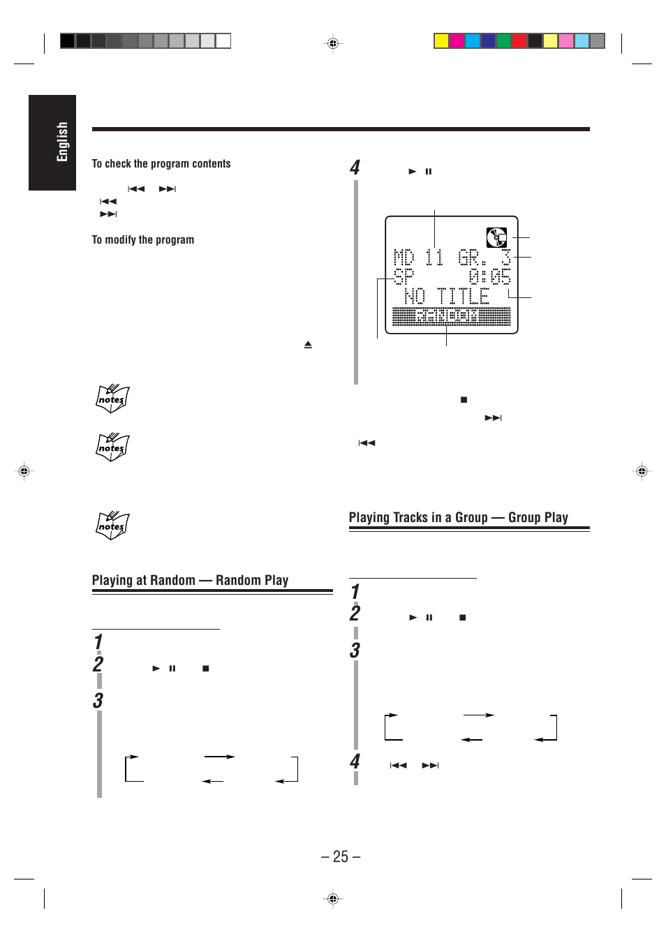 English, Playing at random — random play, Playing tracks in a group — group play | JVC UX-F70MD User Manual | Page 30 / 72