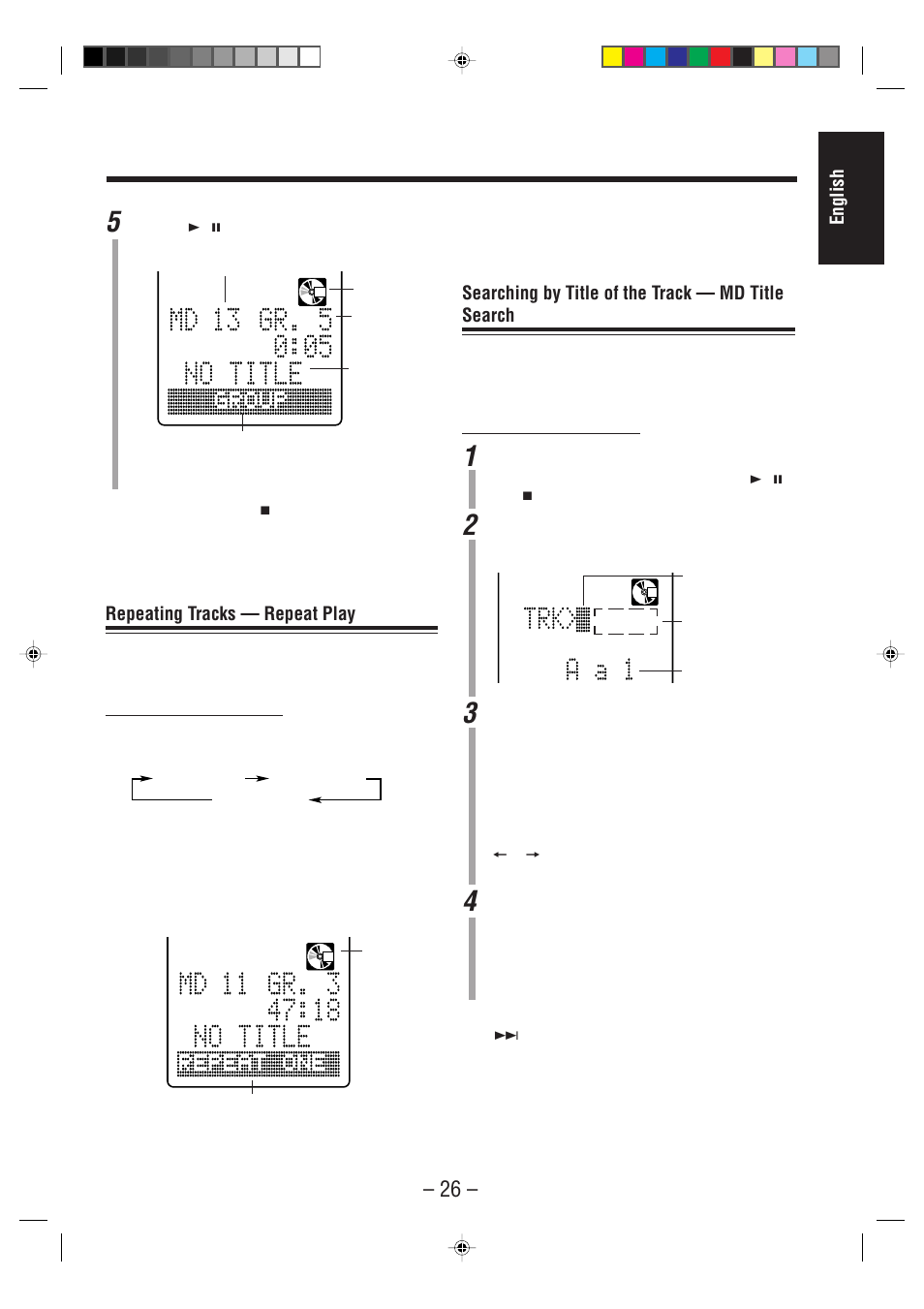 English, Repeating tracks — repeat play, Searching by title of the track — md title search | JVC UX-F70MD User Manual | Page 31 / 72