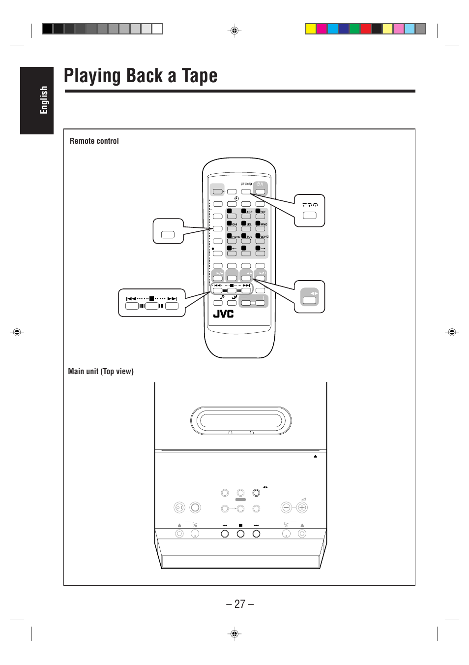 Playing back a tape, English, Main unit (top view) | Remote control | JVC UX-F70MD User Manual | Page 32 / 72