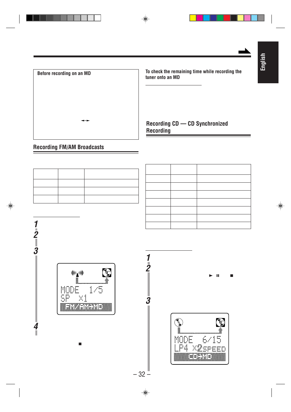 English recording fm/am broadcasts, Recording cd — cd synchronized recording | JVC UX-F70MD User Manual | Page 37 / 72