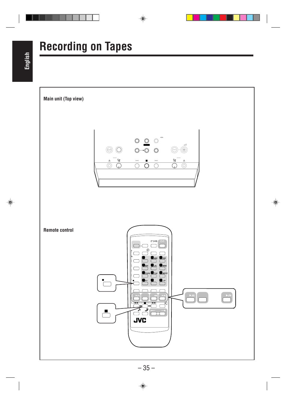 Recording on tapes, English, Main unit (top view) | Remote control | JVC UX-F70MD User Manual | Page 40 / 72