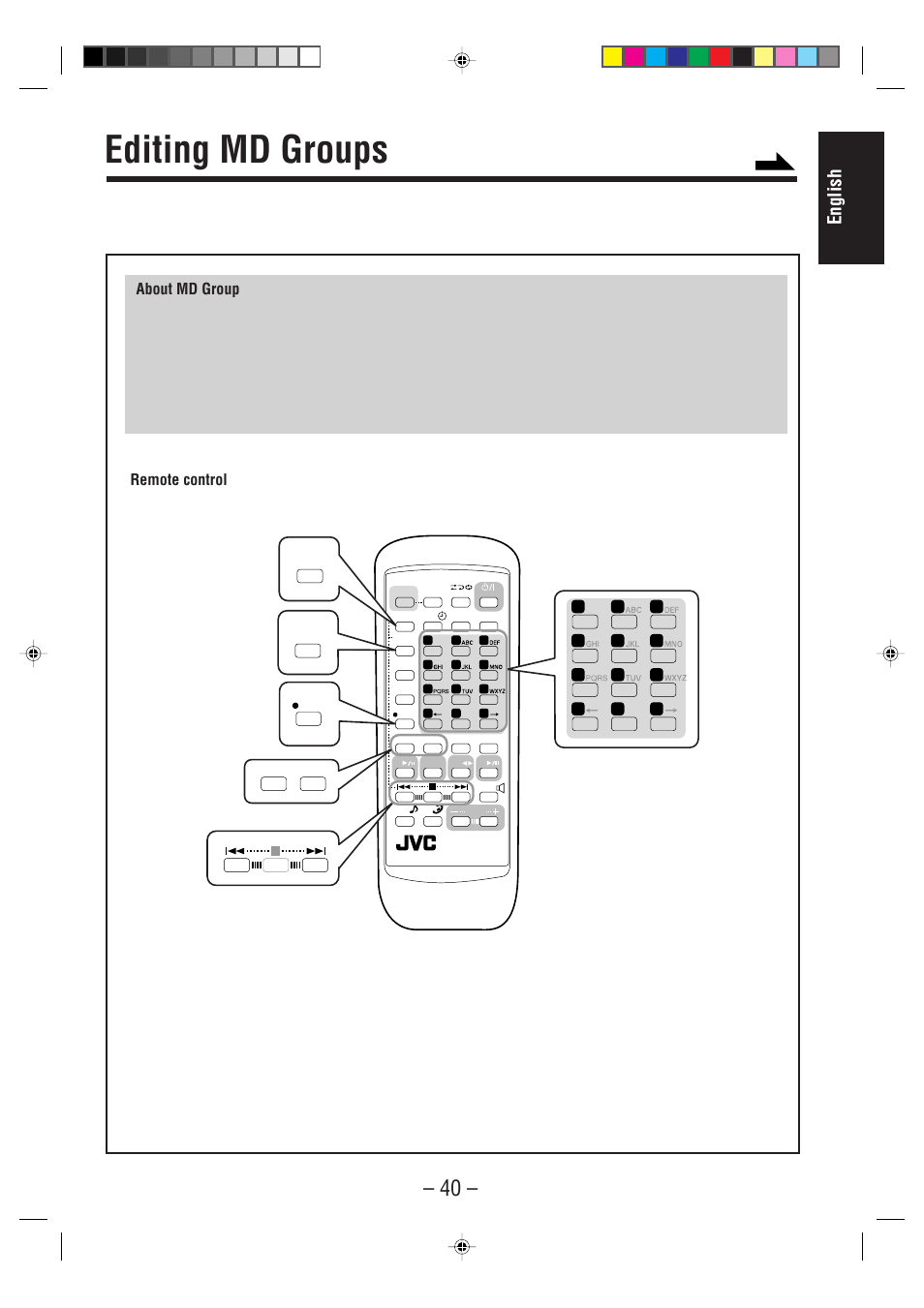 Editing md groups, English, Remote control | About md group | JVC UX-F70MD User Manual | Page 45 / 72