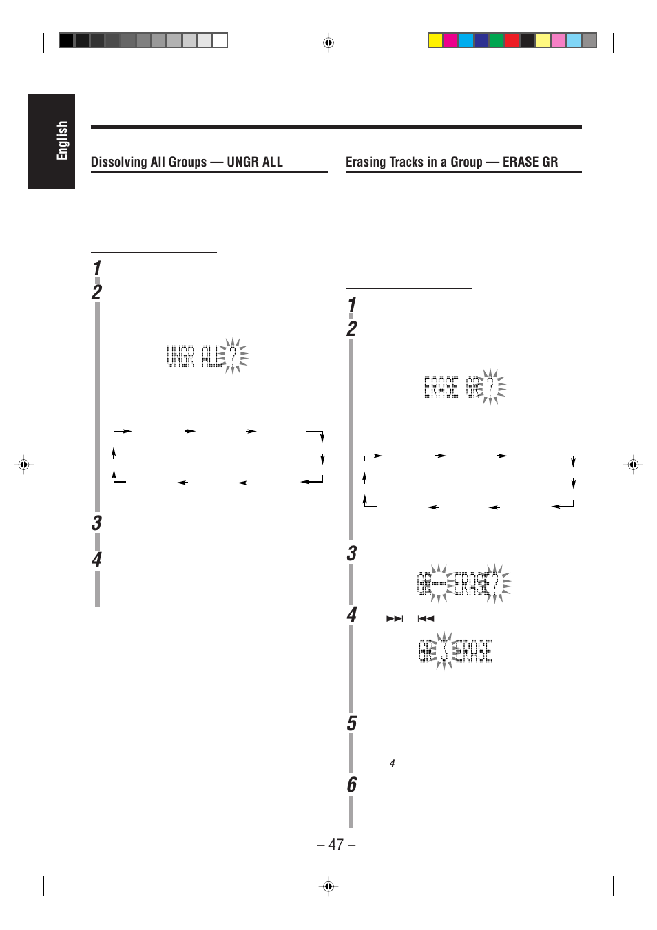 English erasing tracks in a group — erase gr, Dissolving all groups — ungr all | JVC UX-F70MD User Manual | Page 52 / 72