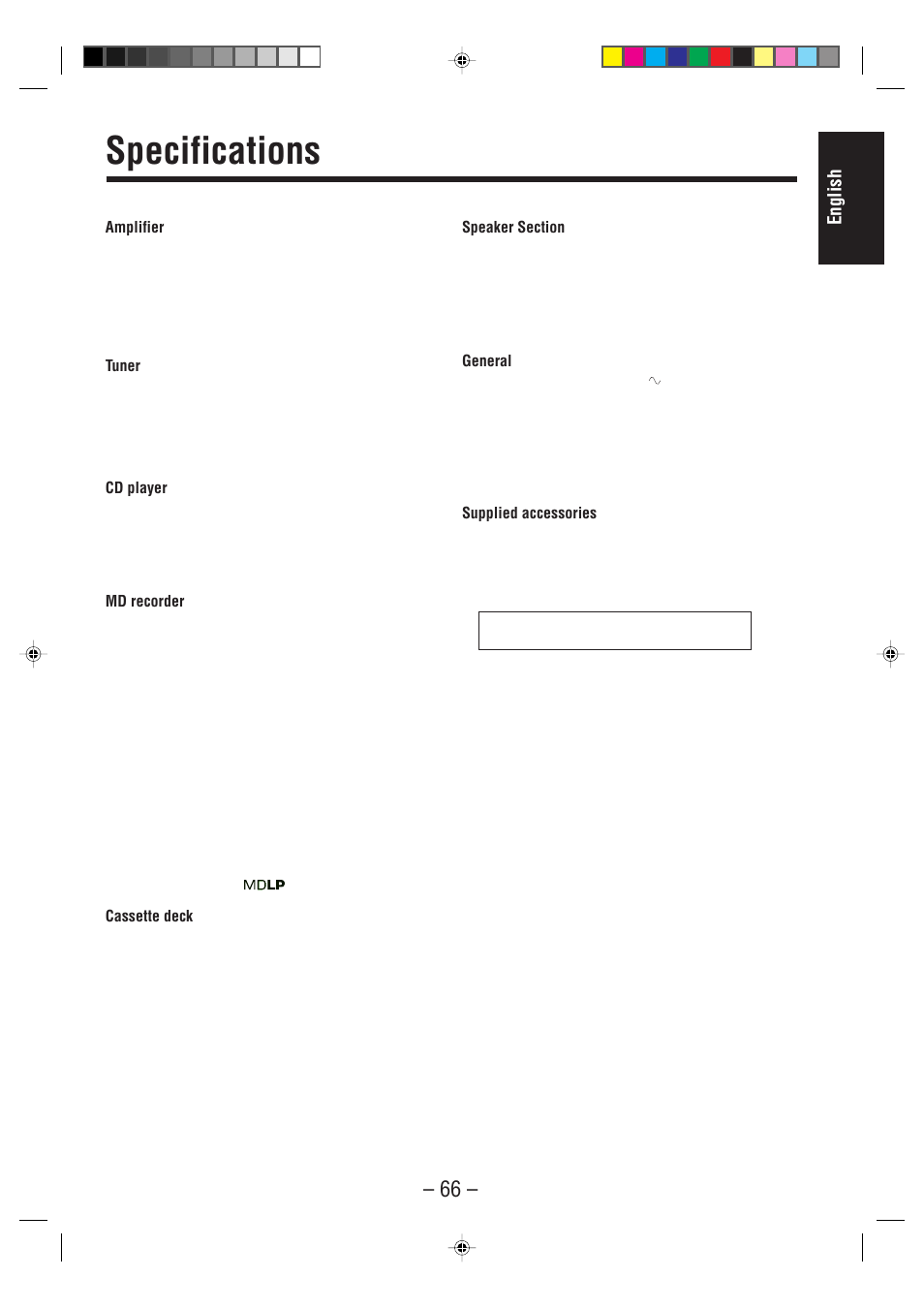 Specifications, English | JVC UX-F70MD User Manual | Page 71 / 72