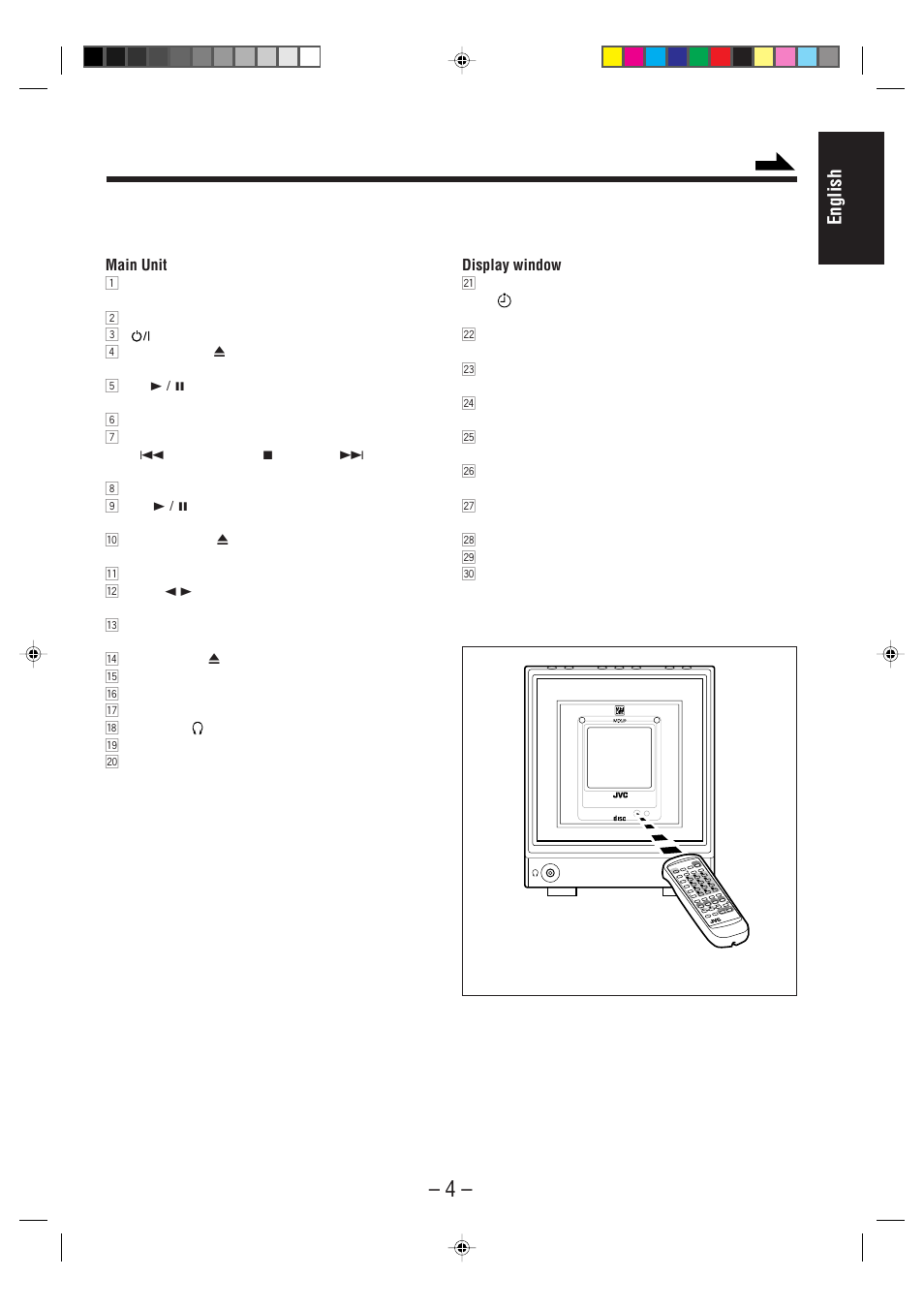 English, Main unit, Display window | JVC UX-F70MD User Manual | Page 9 / 72