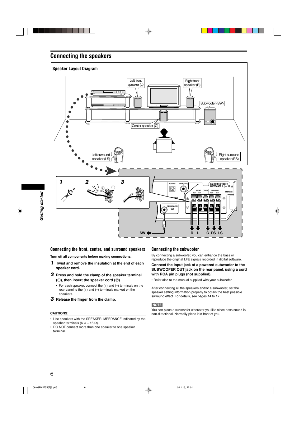 Connecting the speakers, Speaker layout diagram connecting the subwoofer | JVC RX-E51B User Manual | Page 10 / 45